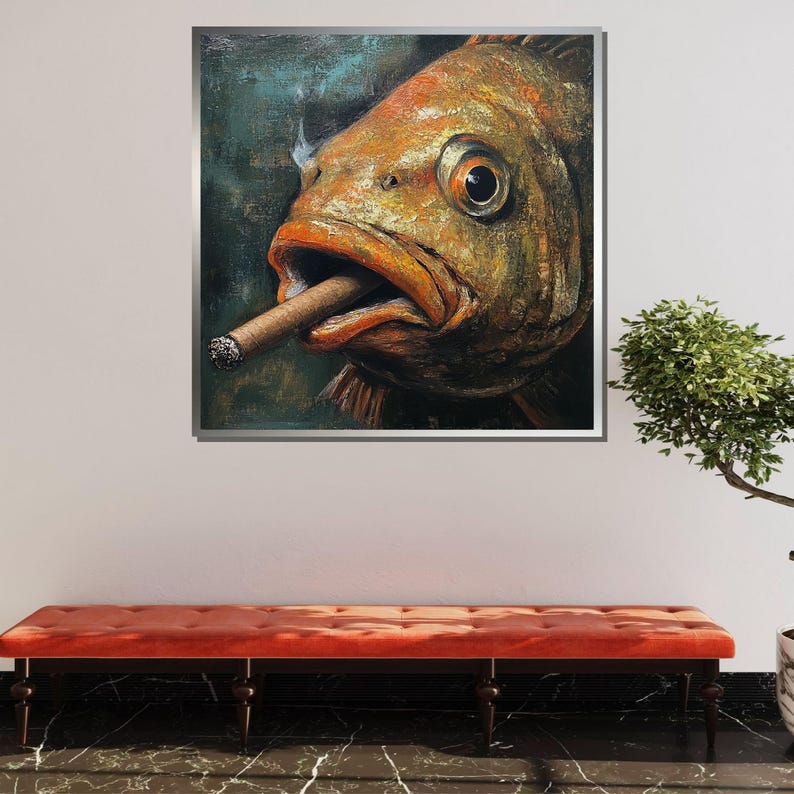 May include: A close-up painting of a fish with a cigar in its mouth. The fish is orange and yellow with a dark eye. The background is a dark green and blue.