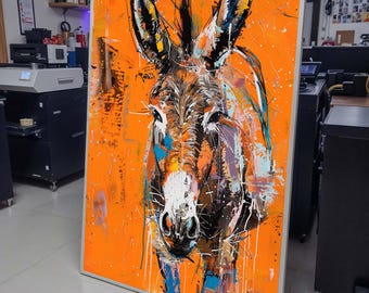 Kleurrijke ezelkunstcanvas, levendig dierenschilderij, grillig boerderijdecor, ezelportret, perfect cadeau voor natuurliefhebbers, ingelijst klaar om op te hangen