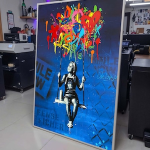 Graffiti meisje op schommel canvas, stedelijke graffiti jongen op bankje, emotionele muurkunst, kleurrijke abstracte kunst, klaar om op te hangen, slaapkamer, kantoorinrichting