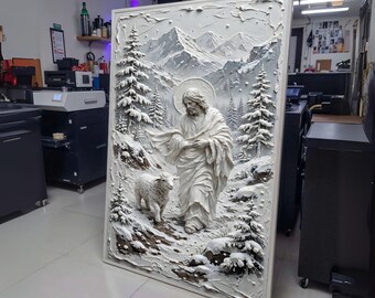 Jesus Shepherd with Lamb Canvas, Winter Mountain Landscape Wall Art, Religious Christian Home Decor, wall decoration, canvas print, wall art