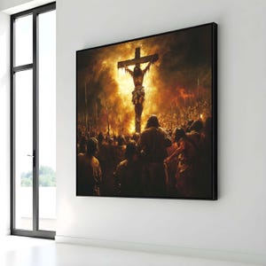 Puede incluir: Una pintura que representa una escena religiosa con una figura en una cruz rodeada de una multitud de personas. La escena se desarrolla sobre un fondo de cielo ardiente.