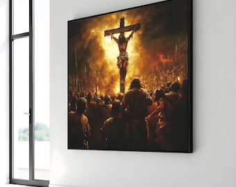 Lienzo con la poderosa crucifixión, Jesús en la cruz, arte religioso para pared, impresión de escena bíblica, decoración de la asamblea divina, listo para colgar