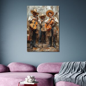 May include: Three men in cowboy hats play string instruments. The men are wearing traditional clothing and are standing in front of a rustic background. The instruments are a cello, a violin, and a guitar.