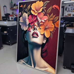 Floral Woman Abstract Art, Surreal Flower Face Portrait, Colorful Feminine Wall Decor, Modern Botanical Canvas, Unique Flower Head Art