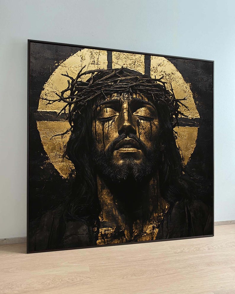 Jesus Crown of Thorns Gold Canvas, Sacred Black and Gold Art, Passion ...