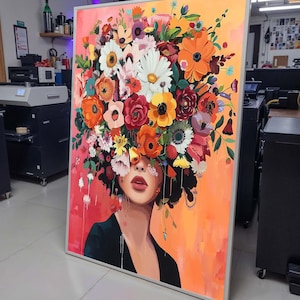 Floral Beauty Portrait, Colorful Flower Crown Wall Art, Flower Wall Art, Modern Abstract Canvas, Vibrant Home Decor, Ready to Hang Artwork