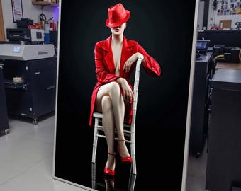 Lady in Red Wandkunst, Modekunst, Bold Feminine Leinwand, Roter Hut und Mantel Kunstwerk, Verführerische Moderne Dekoration, Sexy Leinwand, Schlafzimmer Wandkunst