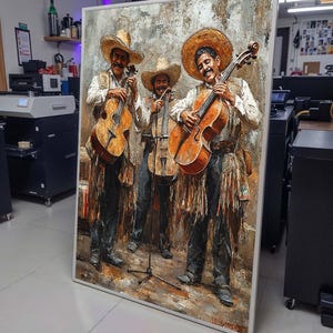 May include: A painting of three men in sombreros playing string instruments. The men are wearing traditional Mexican clothing and are standing in front of a rustic background. The painting is done in a realistic style with a focus on detail.