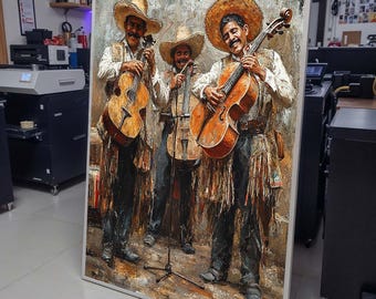 Lienzo de banda de mariachis mexicanos, arte mural de músicos tradicionales, pintura cultural rústica, decoración mural cultural, amantes de la música, arte en lienzo musical
