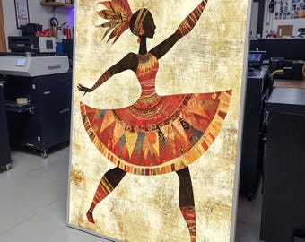 Tribal Dancer Canvas Art, African Woman Dance Silhouette, Colorful Boho Wall Decor, Ethnic Dance Wall Art, Ready to Hang Artwork