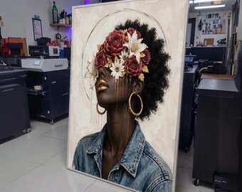Elegant Woman Portrait with Floral Crown Canvas, Afro Hair Art, Gold Accent Wall Decor, Modern wall decoration, canvas print, wall art
