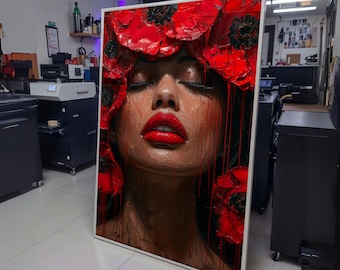 Bold Red Poppy Crown Portrait Canvas, Modern Woman Face Art, Floral Wall Decor, Contemporary Home wall decoration, canvas print, wall art