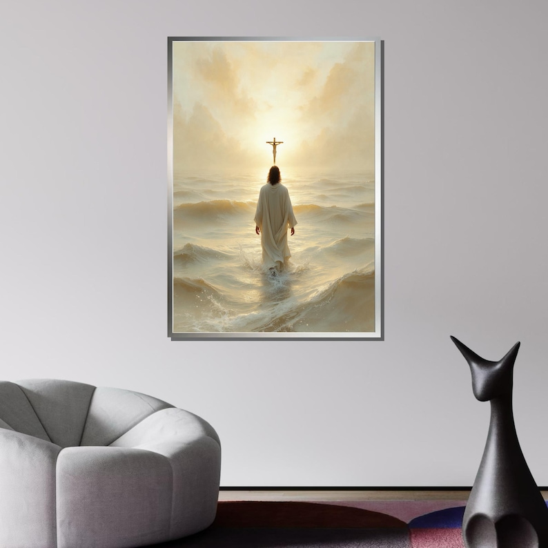 May include: A painting of a man walking on water towards a cross in the sky. The man is wearing a white robe and the water is a light blue color. The sky is a light yellow color with clouds.