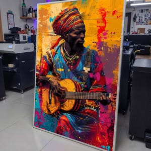 Colorful African Guitarist Canvas, Vibrant Musician Wall Art, Tribal Music Portrait, Afrocentric Art Print, Ready to Hang Canvas