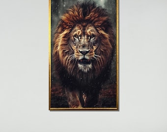 雄大なライオンの肖像画キャンバス、力強いライオンの壁アート、堂々とした野生動物のプリント、迫力のあるライオンの顔の装飾、すぐに掛けられる、ライオンの壁装飾