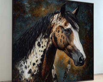 Geflecktes Pferd mit Feder Leinwand, Ureinwohner-inspirierte Pferdekunst, rustikale Western-Wanddekoration, majestätisches Appaloosa-Porträt, bereit zum Aufhängen
