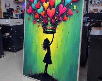 Heart Crown Girl Art Print, Whimsical Street Art Decor, Colorful Heart Painting,Urban Green Canvas,Heart Wall Art Ready to Hang Decor