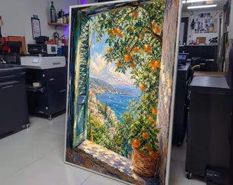 Mediterranean Seaside View Canvas, Orange Tree Window Scene, Coastal Landscape Wall Art, Sunny Home wall decoration, canvas print, wall art