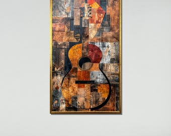 May include: A framed abstract art piece depicting a guitar made of various wood and paper textures in shades of brown, orange, red, and gray.