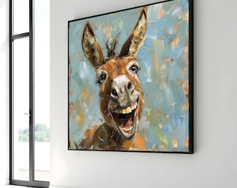 Cheerful Donkey Canvas Art, Funny Farm Animal Painting, Whimsical Donkey Wall Decor, Lively Animal Portrait, Ready to Hang Canvas