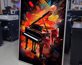 Feuriger Flügel Leinwandkunst, lebendige Musik-Wanddekor, abstrakte Klaviermalerei, bunte Klavierkunstdruck, Musikliebhaber, Musikleinwandkunst