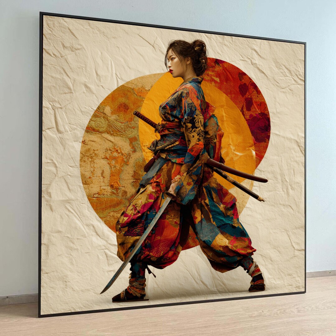 Warrior Woman in Colorful Kimono Canvas, Samurai Sword Art, Japanese ...