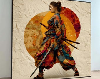 Wojowniczka w kolorowym płótnie kimono, sztuka miecza samurajskiego, japońska kultura, dekoracja ścienna, żywa dekoracja ścienna, wydruk na płótnie, sztuka ścienna