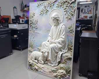 Peaceful Jesus with Lamb Canvas, Spiritual Christian Wall Art, Religious Landscape Decoration, wall decoration, canvas print, wall art