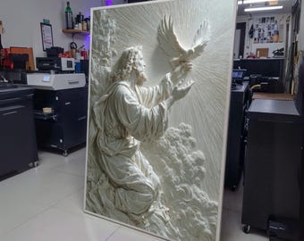 Stralende Jezus met duif, spirituele canvas muurkunst, religieus christelijk decor, goddelijk licht wanddecoratie, canvasprint, kunst aan de muur