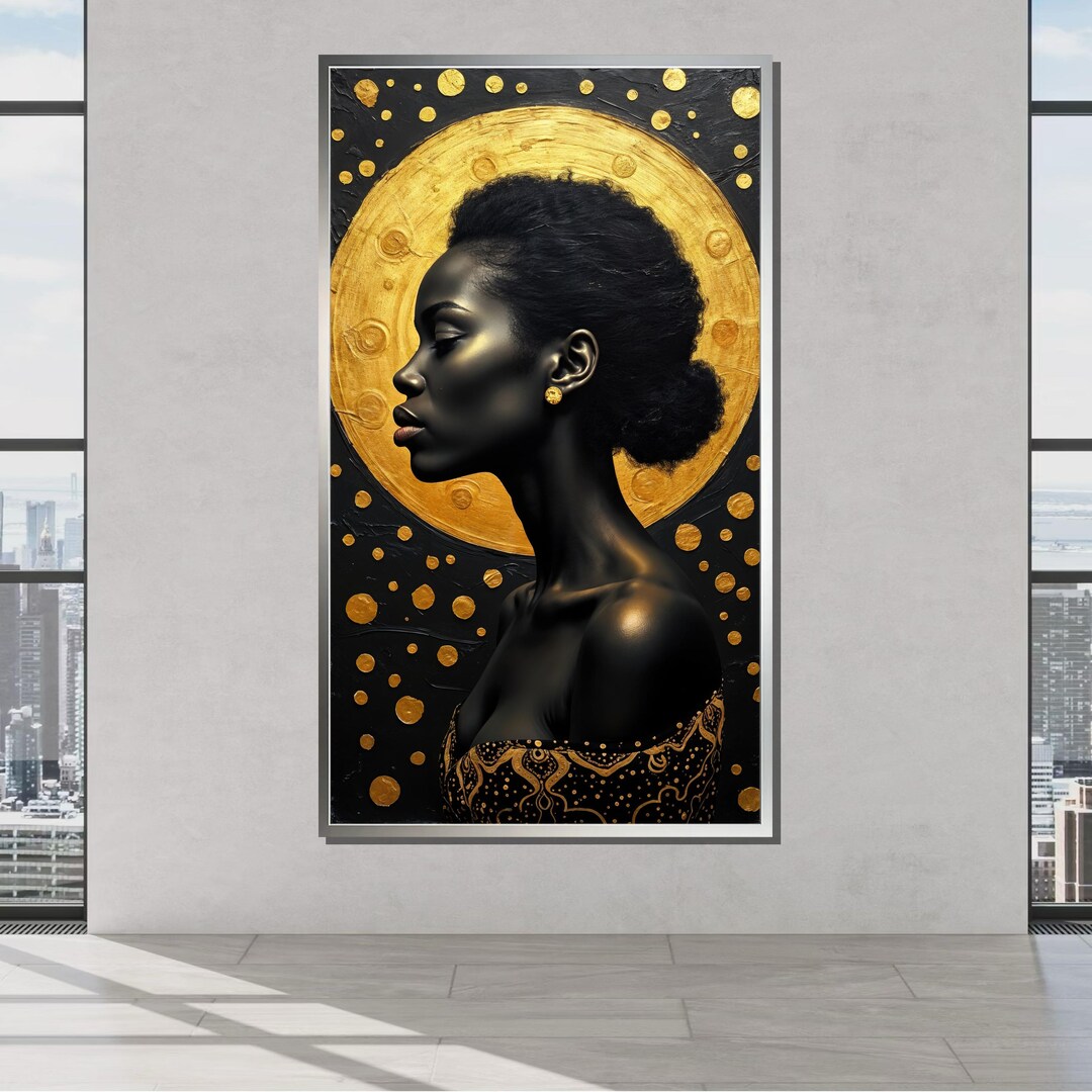 Golden Aura African Woman Portrait, Black and Gold Elegant Canvas ...