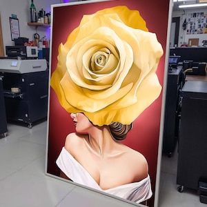 Yellow Rose Woman Canvas, Floral Head Art,Surreal Woman with Flowers,Botanical Wall Decor,Elegant Feminine Canvas,Unique Floral Art Gift