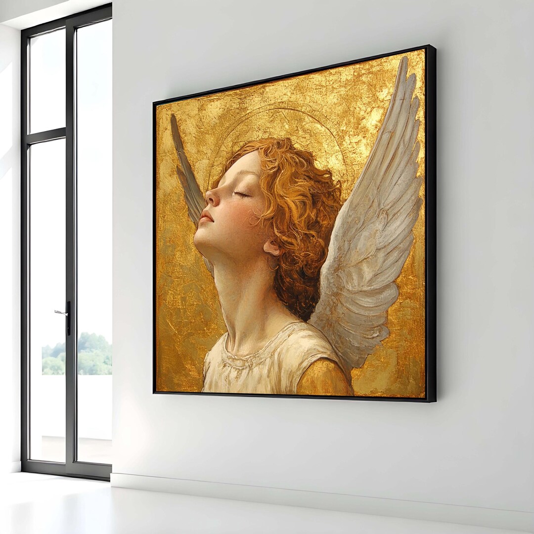 黄金の天使の肖像画キャンバス、穏やかな天使のアート、エレガントな