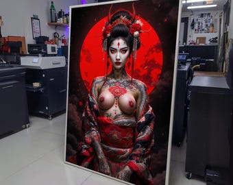 Dark Geisha with Red Moon, Japanese Tattoo Art Canvas, Gothic Asian Woman Wall Art, Fantasy Oriental wall decoration, canvas print, wall art
