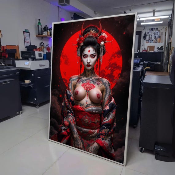 Dark Geisha with Red Moon, Japanese Tattoo Art Canvas, Gothic Asian Woman Wall Art, Fantasy Oriental wall decoration, canvas print, wall art
