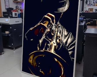 Lienzo de trompeta de jazz, arte de instrumentos de viento, decoración de pared de músico de jazz, retrato de jazz con pintura vibrante de músico, arte de pared de jazz, arte de lienzo musical