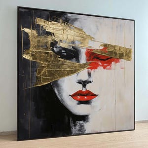 Abstract Face with Gold Leaf Canvas,Modern Minimalist Portrait Art,Red and Gold Accent Wall Decor,Elegant Contemporary Artwork,Ready to Hang