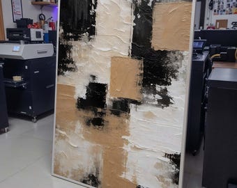 Neutral Abstract Art, Minimalist Beige and Black Canvas, Modern Geometric Wall Art, Contemporary Neutral Decor