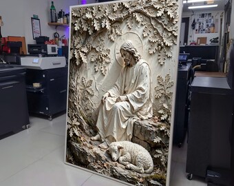 Peaceful Shepherd with Lamb Canvas Wall Art, Religious Spiritual Home Decor, Jesus and Sheep wall decoration, canvas print, wall art