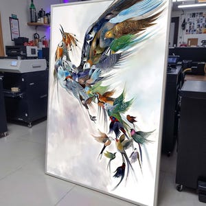 Salvador Dali Livro para pássaros, pássaros em voo, pintura de bando de pássaros coloridos, decoração de parede inspirada na natureza, tela de arte de pássaros, arte de parede de vida selvagem