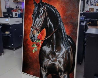Elegant Black Stallion Canvas, Horse with Red Roses Art, Dramatic Equine Portrait Wall Art,Ready to Hang Horse Decor,Horse Art,Ready to Hang