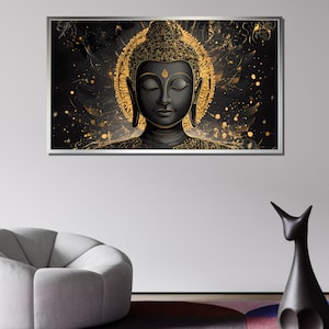 Golden Buddha Meditation Canvas, Zen Spiritual Wall Art, Peaceful Buddha Portrait, Black and Gold Mandala Decor, Ready to Hang Canvas
