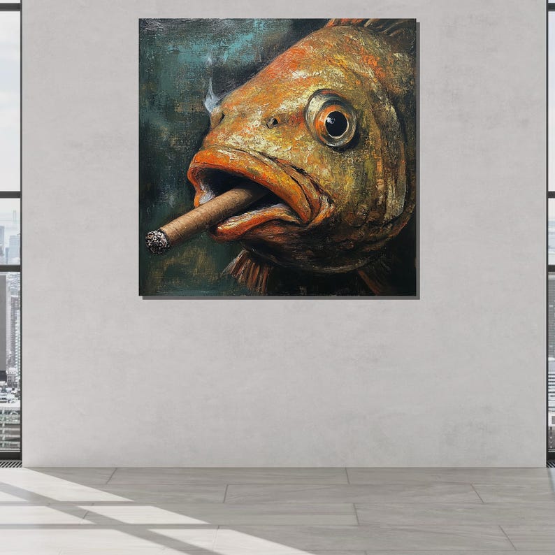 May include: A close-up of a fish with a cigar in its mouth. The fish is painted in a realistic style with orange, brown, and yellow tones. The background is a dark green.