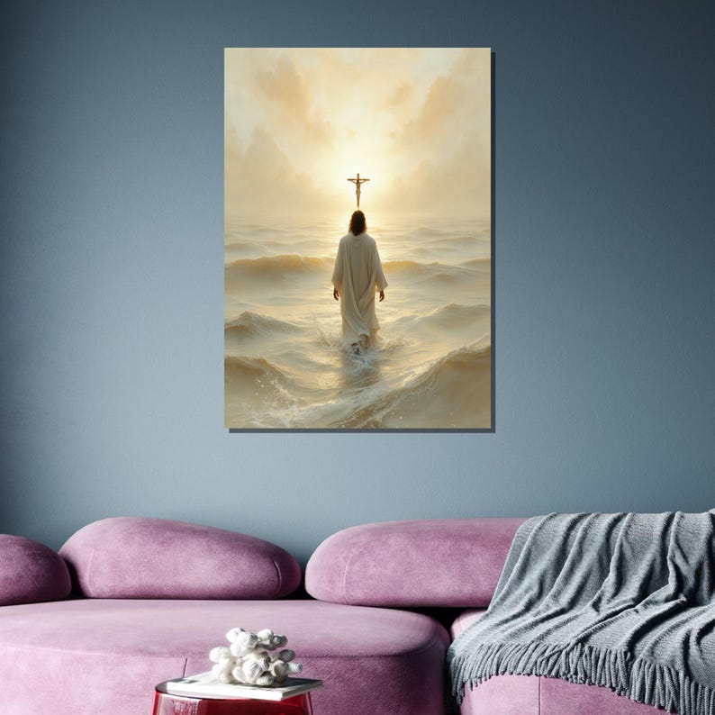 May include: A painting depicting a man in a white robe walking on water towards a figure on a cross in the sky. The sky is a bright yellow and the water is a light blue.