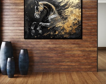 Black and Gold Horse Canvas, Elegant Equine Wall Art, Luxury Horse Painting with Gold Foil, Dynamic Stallion Decor, Modern Horse Artwork