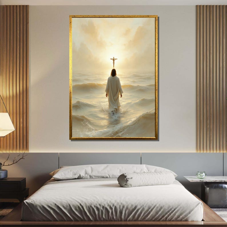 May include: A painting of a man walking on water towards a cross in the sky. The man is wearing a white robe and the water is a light blue color. The sky is a light yellow color with a bright light shining from the cross.