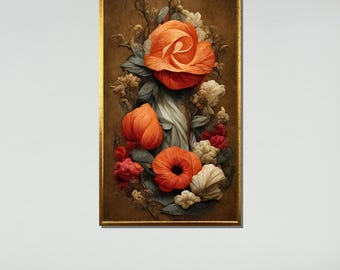 Lienzo floral vintage de color naranja, arte de pared con flores rústicas, impresión botánica antigua, decoración naranja y beige, elegante pintura floral, lista para colgar