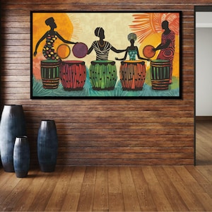 May include: A colorful painting of four women playing drums. The women are silhouetted in black and are wearing colorful clothing. The drums are decorated with colorful patterns and are arranged in a row. The background is a light yellow with a sun and palm tree design.