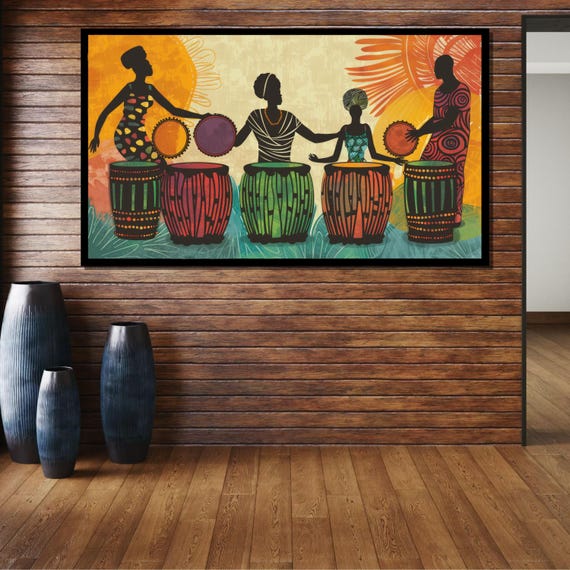 African Drummers Wall Art, Colorful Tribal Music Canvas, Cultural