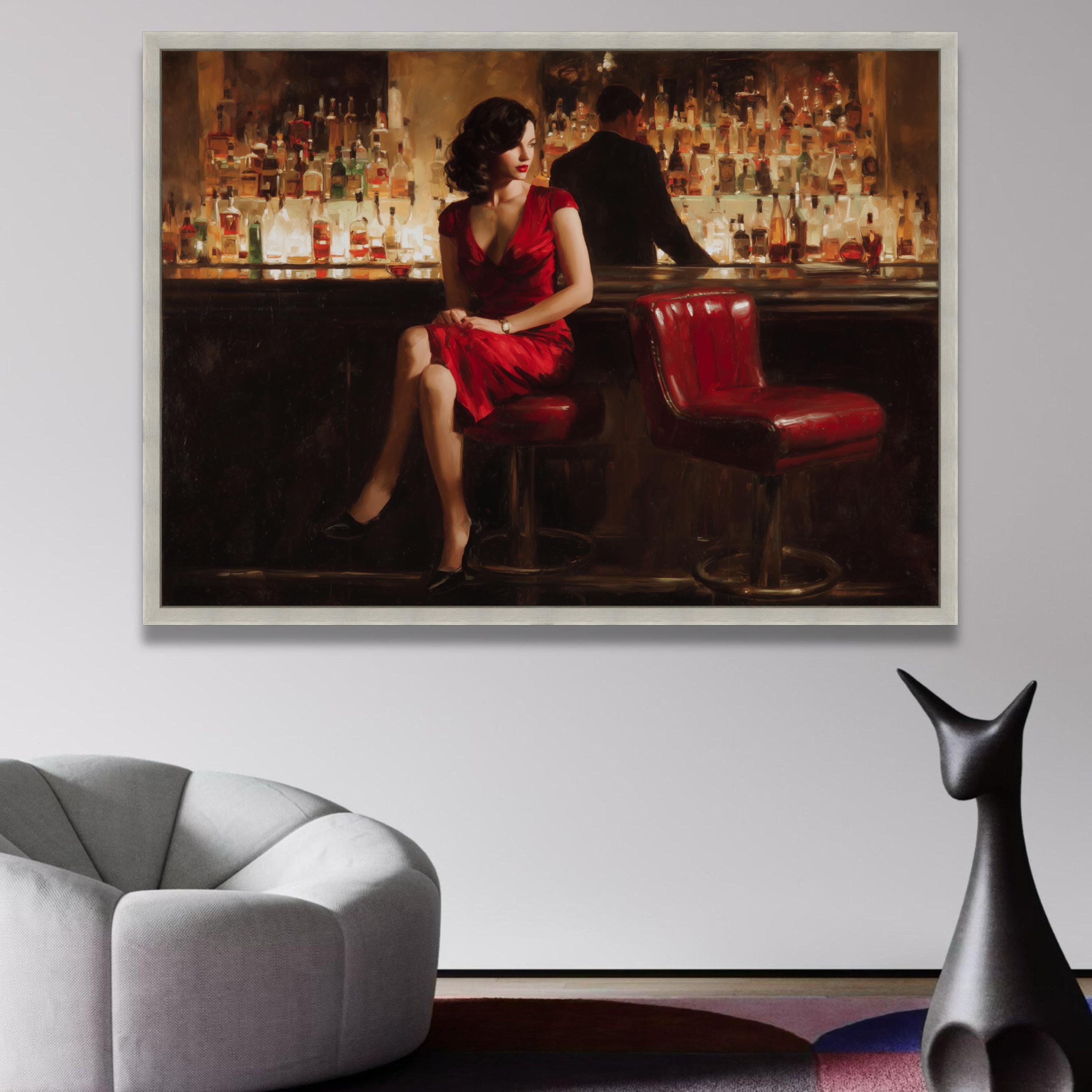 Vintage Bar Scene Canvas, Woman in Red Dress Wall Art, Retro Lounge ...