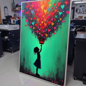 Heart Crown Girl Art Print, grillig street art decor, kleurrijk hart schilderij, stedelijk hedendaags canvas, hart muurkunst klaar om op te hangen decor